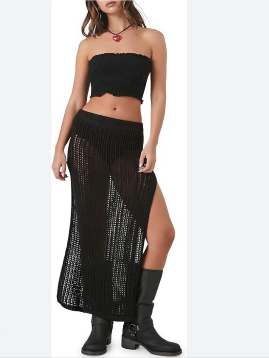 Forever 21 Dresses & Skirts - 🚨NEW FOREVER 21 Black Crochet Cut Out Maxi Skirt Swim Cover Festival Beach Sz S